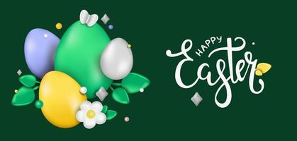 Easter day design. Realistic Easter eggs on a green background. Holiday banner, web poster, flyer, stylish brochure, greeting card, cover. Vector Easter background