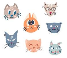 Cats face set. Cartoon cat or kitty characters design collection. Adorable Funny pet animals. Perfect for kids design, fabric, packaging, wallpaper, textiles, clothing. Vector illustration