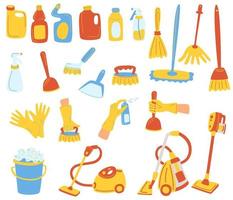 Servicios de limpieza. conjunto con artículos para el hogar y productos de limpieza. productos sanitarios y químicos. perfecto para banner, sitio web, limpieza. ilustración vectorial plana de dibujos animados vector
