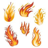 Fire. Fiery flame, bright fireball, thermal forest fire and a red-hot bonfire. Flames of different shapes. Vector fire flame icons in cartoon style.