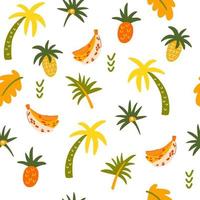 Tropical fruits and palms seamless pattern. Palm, leaves, bananas, pineapples. Summer fun hand drawn background. Great for decoration flyers, banners, wallpapers, print products. Vector illustration.