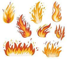 Fire. Fiery flame, bright fireball, thermal forest fire and a red-hot bonfire. Flames of different shapes. Vector fire flame icons in cartoon style.