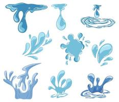 Water. Different Water Drops. Set of icons of flowing drops, waves, tears, splashes, splashes of nature. Dripping liquid. Water spill. Sea summer moisture, freshness. Vector cartoon illustration