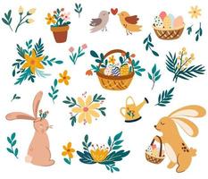 Easter set. Rabbit with basket, flowers, watering can, basket with eggs. Spring. Happy easter. Great for decoration flyers, banners, wallpapers, print products Vector cartoon illustration.