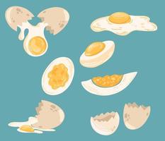 Eggs in various forms. Set of Chicken eggs, raw, boiled and fried. Healthy Protein food. Poultry farming. For printing, brochures, shops, restaurants and farming. Vector cartoon illustration.