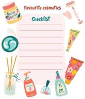 Cosmetics checklist. Set of beauty and make up sheets. Self care to do list, checklist planner. Weekly or daily note cards with everyday cosmetic procedures. Vector cartoon illustration.