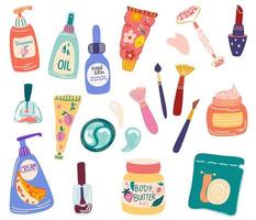 Set of cosmetics. Personalized beauty products. Shampoo, Cream, Face Mask, Patches, Lipstick, Oil, Makeup Brushes, Massage Roller. Skin products clipart. Facial and body skin care. Vector