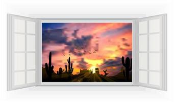 abre la ventana en la habitación con vista al árbol de cactus cuando se pone el sol vector