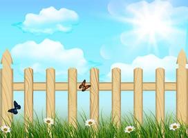 Spring background, grass and wooden fence. vector