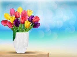 Tulip flowers in rainbow colours in a white glass on the beach vector