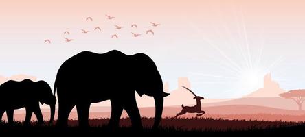 Elephant family with deer and birds. Vector