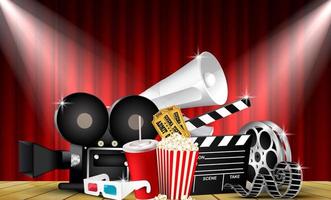 Red curtain cinema films and popcorn on the stage vector