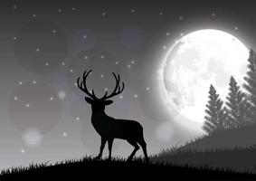 Silhouette of a deer standing on a hill at night with moon vector