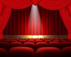 A theater stage with a red curtain, seats and a spotlight vector