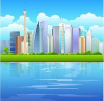 futuristic modern building with river and urban vector background