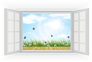 ventana abierta con flores y vistas de mariposas del verano en el suelo de madera vector