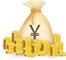 bolsa de dinero con monedas de oro y signo de yen