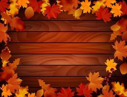 Grunge background with wooden planks autumn leaves. Vector