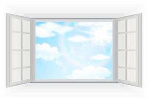 ventana abierta, con luz solar realmente brillante, nubes y cielo azul. ilustraciones vectoriales vector