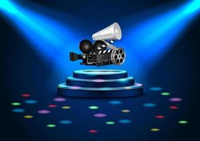 spotlights on stage with blue light and color rainbow with collections of films vector