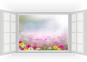 la ventana abierta con una hermosa flor está en los rayos de luz, borrosa y coloreada vector