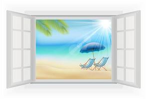 ventana abierta, durante el día con fondo de verano en la playa. ilustraciones vectoriales vector