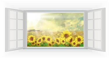 hermoso verano con girasol de vista de ventana abierta vector