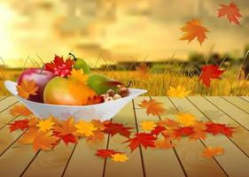 fruits and autumn leaves on a plate on wooden table on a background of the field. Vector