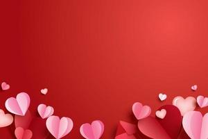 Happy valentines day with paper hearts and copy space on red background. vector
