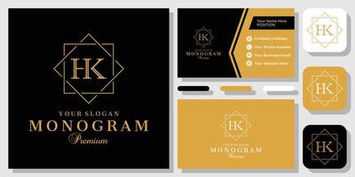 Initials Letter HK Gold Luxury Classic Border Square Royal Logo Design with Business Card Template vector