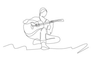 continuous line drawing of sitting guitarist playing guitar. Dynamic musician artist performance concept single line graphic draw design vector illustration