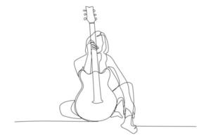One continuous line drawing of young happy female guitarist posing after playing acoustic guitar. Dynamic musician artist performance concept single line graphic draw design vector illustration