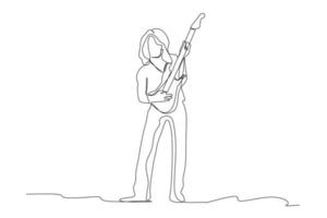 dibujo de línea continua de guitarrista tocando guitarra eléctrica. Ilustración de vector de diseño de dibujo gráfico de línea única de concepto de rendimiento de artista de músico dinámico