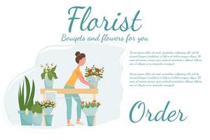 página de inicio, tienda de floristería de plantilla web, servicio, ilustración de vector de stock de boutique de flores. mujer sosteniendo ramo, cerca de otros ramos y flores en macetas.