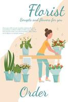 Florist service, flower shop concept, web banner, template stock vector illustration. Woman florists with bouquet.