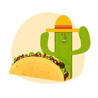 Taco and smiling character cactus in sombrero stock vector illustration isolated on white background. Traditional Mexican meal, fast food.