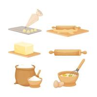 Baking, pastry set with kitchen wooden utensils, ingredients. Bowl with powder, desk with rolling pin and dough, bag with flour in cartoon style isolated on white background. vector