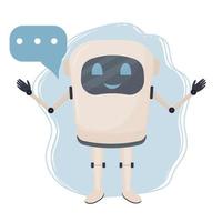 bot de chat de carácter positivo, robot de pie aislado en la ilustración de vector de stock de fondo blanco. asistente de comunicación, máquina de inteligencia con burbuja.