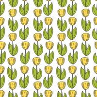 Seamless pattern with yellow tulips. Yellow flowers spring, easter seamless background. Hand drawn. vector