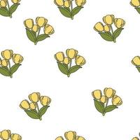 Yellow tulips seamless pattern. Vector floral background with spring flowers. Cartoon illustration of bright beautiful flowers with green leaves and stems