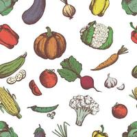 Hand drawn vegetables seamless pattern. Vegan food background in sketch style. vector