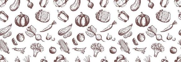 Hand drawn vegetables seamless pattern. Vegan food background in sketch style.