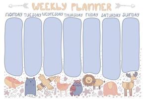 Childish weekly planner with cute scandinavian animals Kids schedule design template vector