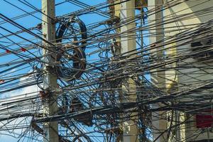 Absolute cable chaos on Thai power pole in Bangkok Thailand. photo