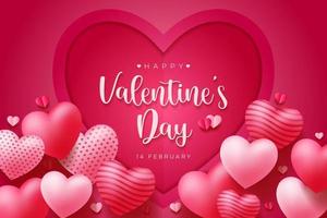 Lovely happy valentines day pink background with realistic 3d hearts frame design for greeting card, poster, banner. Vector illustration.