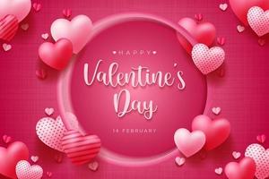 Lovely happy valentines day pink background with realistic 3d hearts frame design for greeting card, poster, banner. Vector illustration.