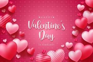 Lovely happy valentines day pink background with realistic 3d hearts design for greeting card, poster, banner. Vector illustration.