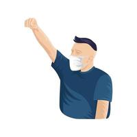 Man wearing medical mask raised hard clenched fist vector illustration.