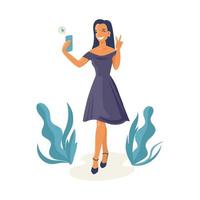 Beautiful woman in dress making selfie. vector