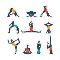 Female in swimsuit in different yoga positions. Woman silhouette making stretching exercises vector. vector